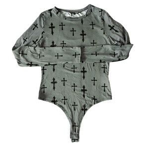 Fashion Nova Elegant Black & White Cross Pattern Bodysuit Medium